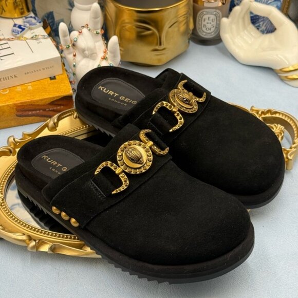 🆕 KURT GEIGER LONDON 🧿 NWOB Kensington Medallion Black Suede Mules, Sz 37 US 7 - Picture 6 of 13
